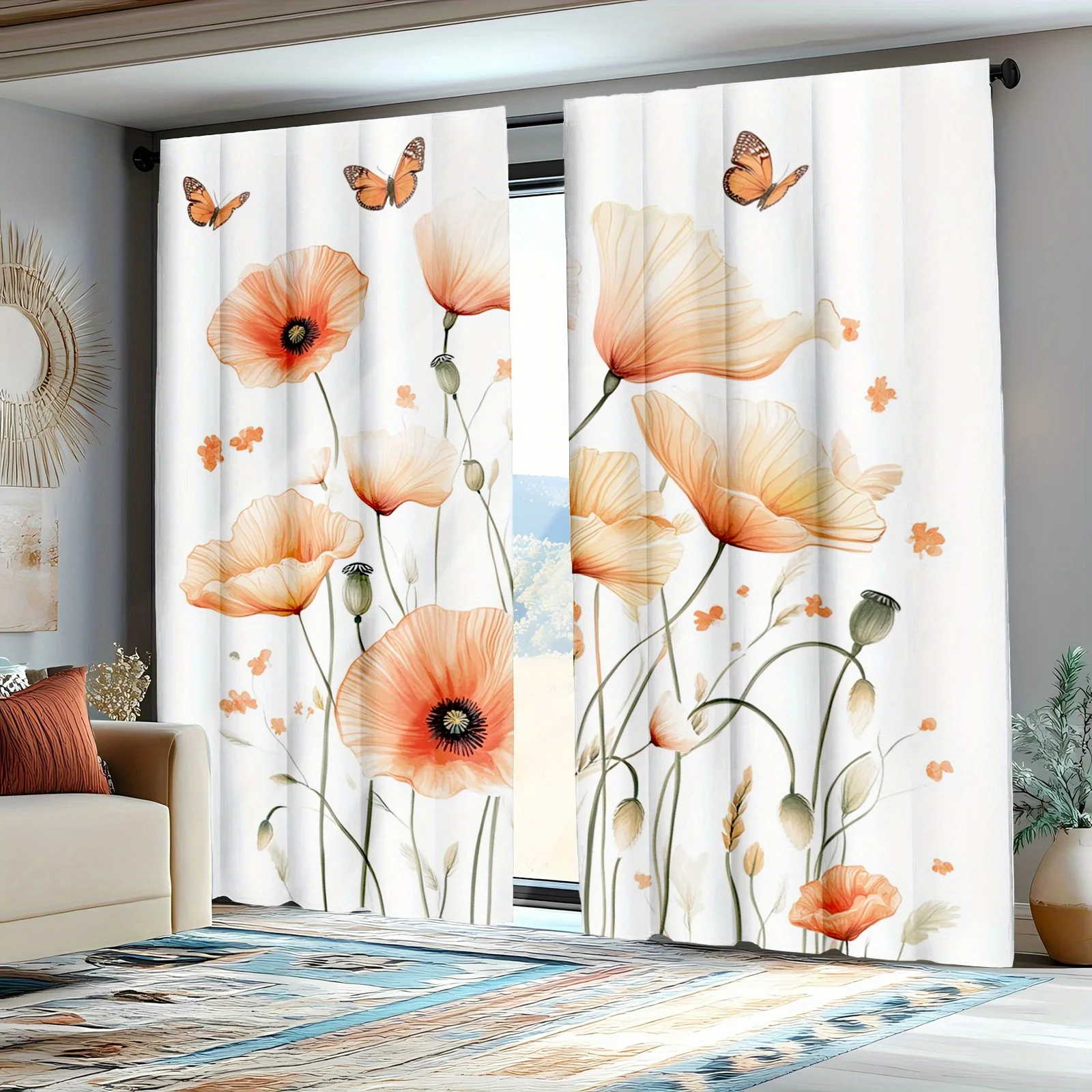 2pc Watercolor botanical bouquet pattern curtains, polyester fabric, suitable for living room and bedroom decoration