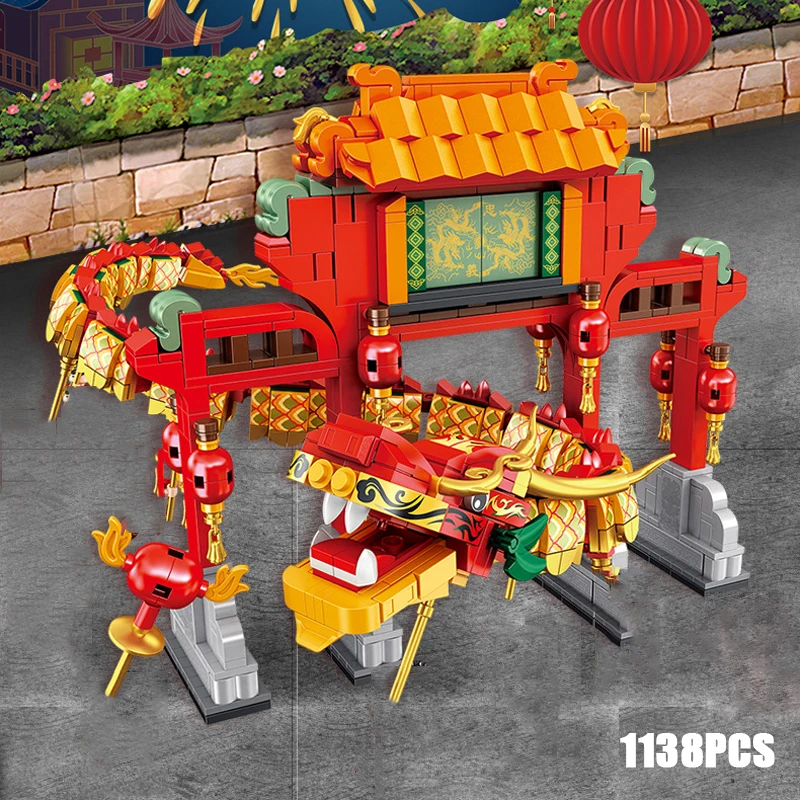 Construcción creativa, arquitectura moderna, modelo de bloques, arco conmemorativo de Chinatown, construcción de ladrillos, figura de danza del dragón, juguete para regalo