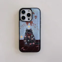 Christmas Tree INS Black Kitten Leather Texture Lovely Dustproof Phone Case for iPhone 16 15 14 13 Pro Max Back Phone Cover Capa