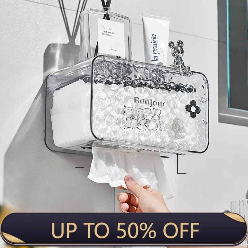 Transparent Wall Mounted Toilet Paper Holder Storage Roll Paper Box Without Punching Suction Tissue Box
