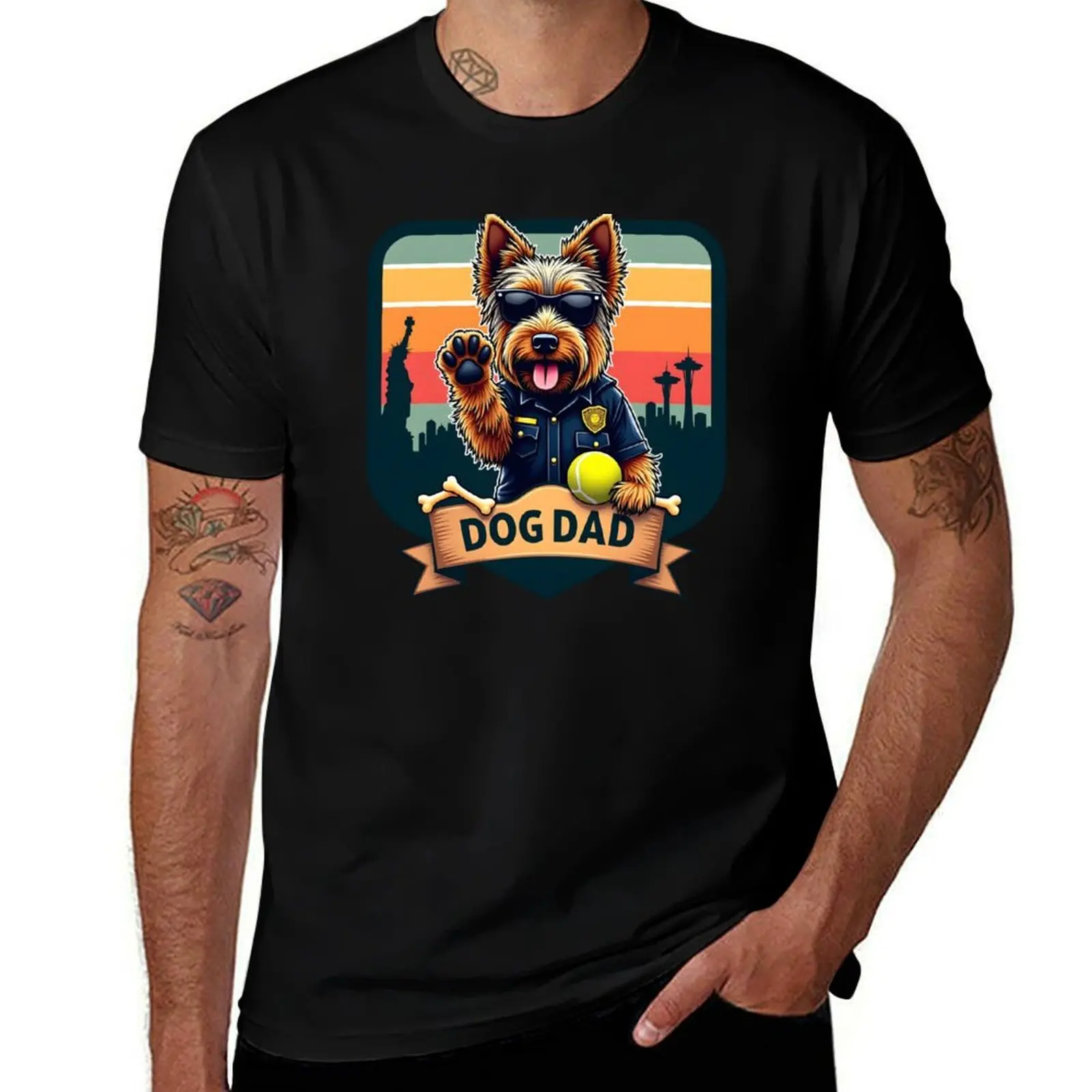 

Yorkshire Terrier Puppy Police High five paws, Sunglasses, Tongue, Tennis ball, Dog bone, Dog Dad, Status of Liberty Gol T-Shirt