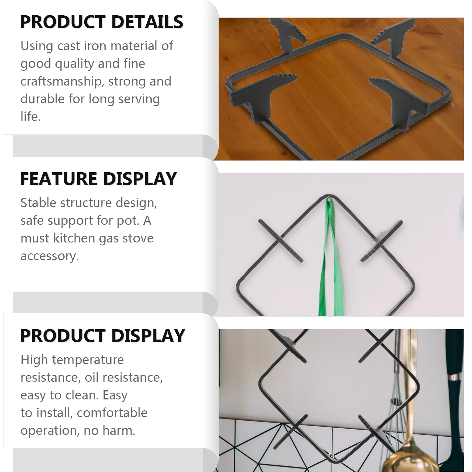 

Square Stove Cast Iron Gas Burner Pan Holder Stand Heat Resistant Oil Proof Non Slip Stable Structure Kitchen Stove