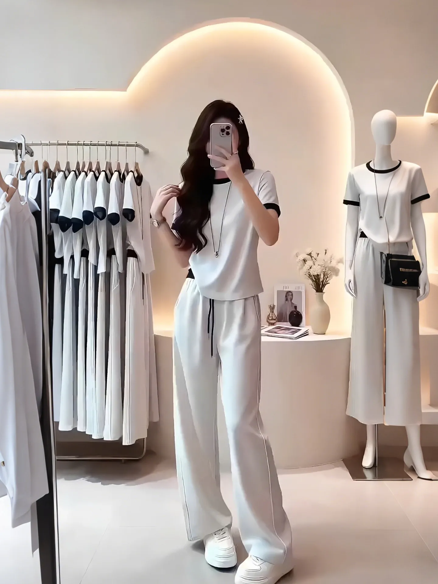 

plus Size Women's Fashion Set Simple Summer High Waist Wide Leg Pants T-Shirt Belly Cover Anti-Aging Two-Piece Suit