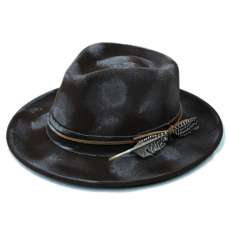 Original Painted Fire Retro Feather Decor Spring  Autumn Winter Warm Women Men Felt Wide Brim Jazz Cap Bowler Hat 55-60cm Adjust