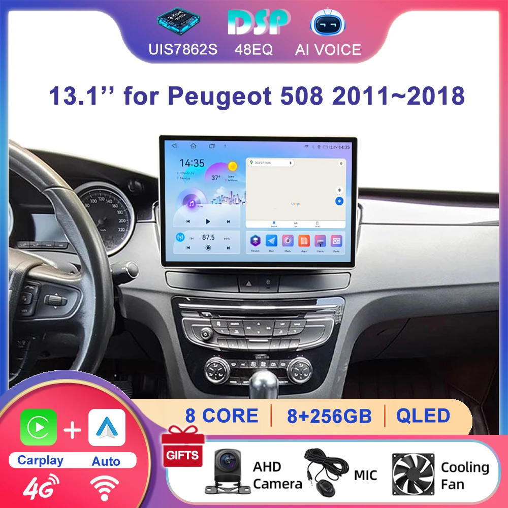 13.1'' Qcta Core 4G DSP Qled Screen GPS Navi Stereo Multimedia Player Carplay Android Car Radio for Peugeot 508 2011~2017