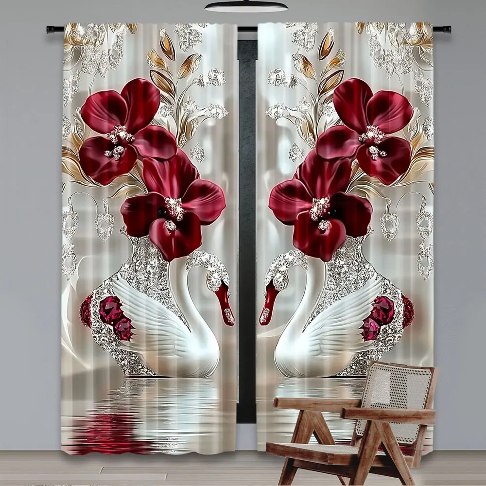 2Pcs Stylish Floral And Swan Printed Curtains Elegant Curtains Suitable For Bedroom Bathroom Living Room Dining Room Kitchen