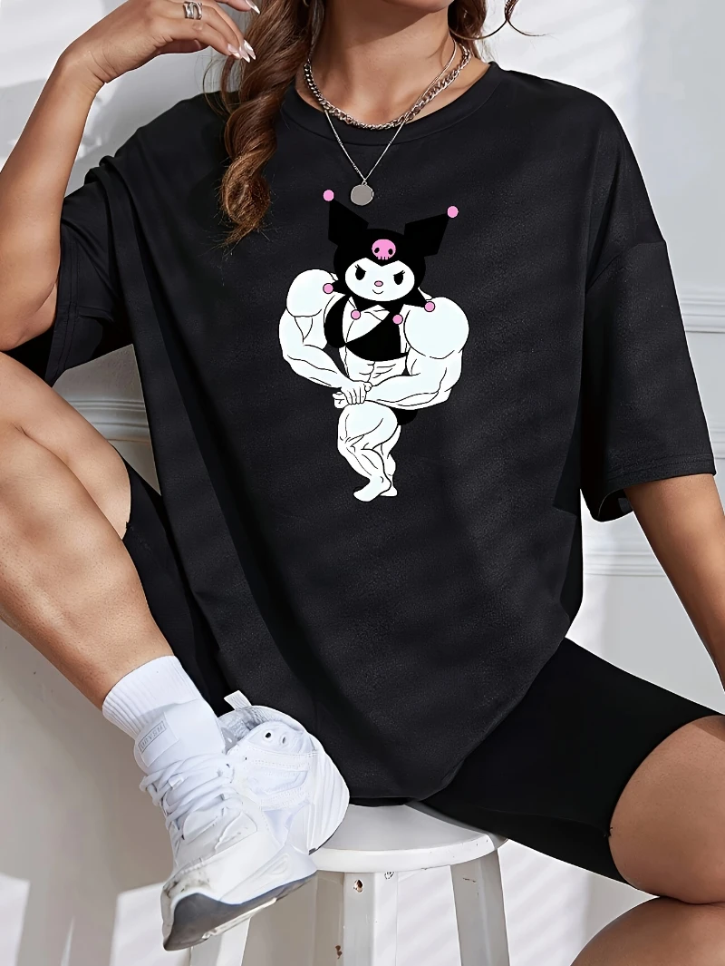 

Женская свободная футболка Sanrio — очаровательный розовый бант и принт на лице, летняя футболка с милым персонажем и коротким рукавом с круглым вырезом