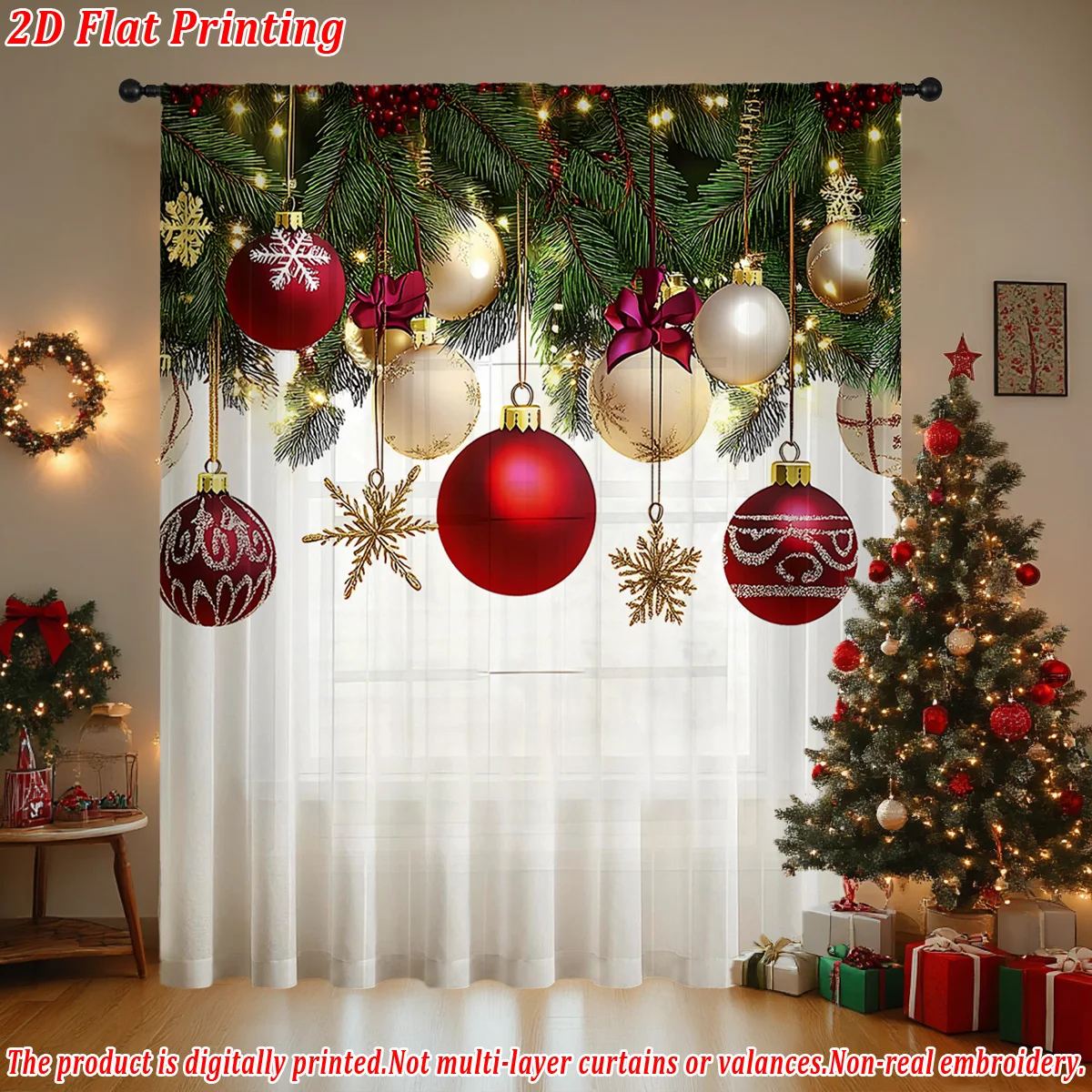 Christmas Flat Printing Sheer Curtain with Christmas Tree Bow Ornaments For Living Room Bedroom Decor Holiday Party Ambiance
