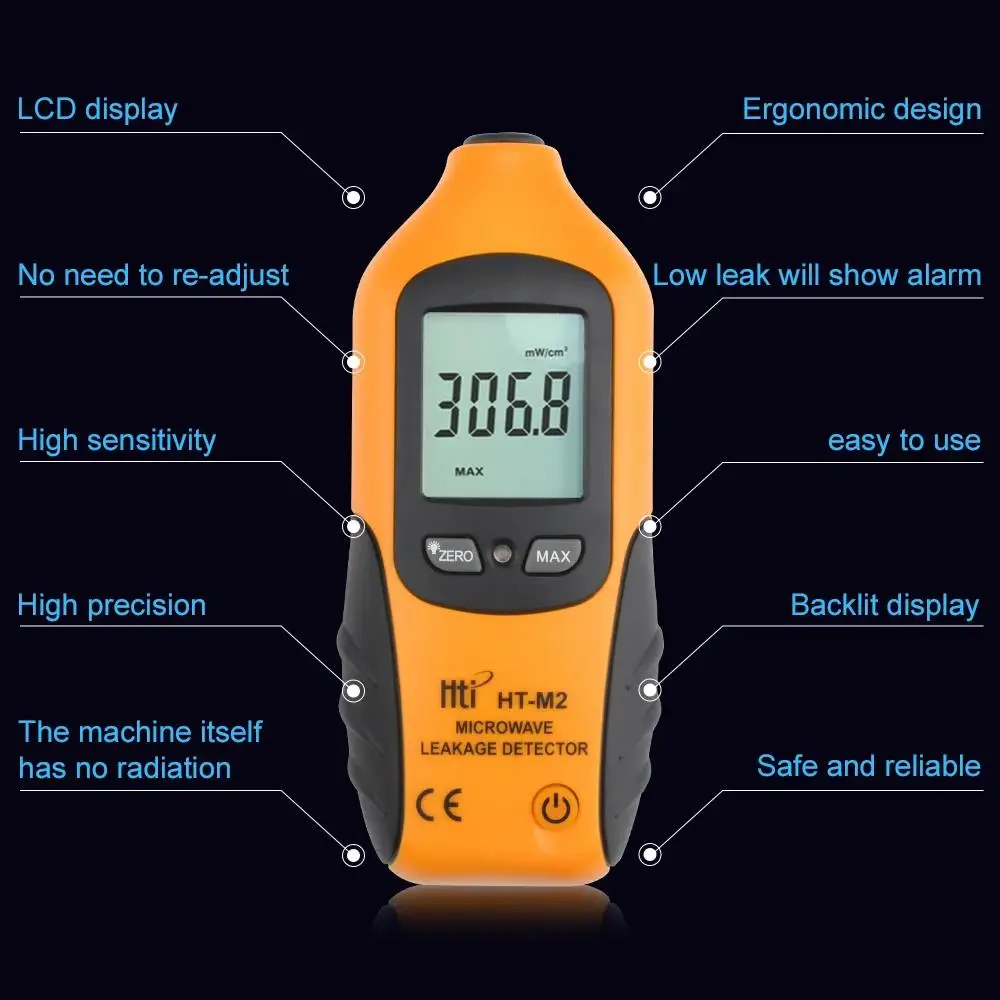 Imagem -04 - Hti-portátil Microondas Vazamento Detector Tester Radiação Alta Precisão Display Lcd Digital Backlight Medidor Ht-m2 0-9.99mw Cm2