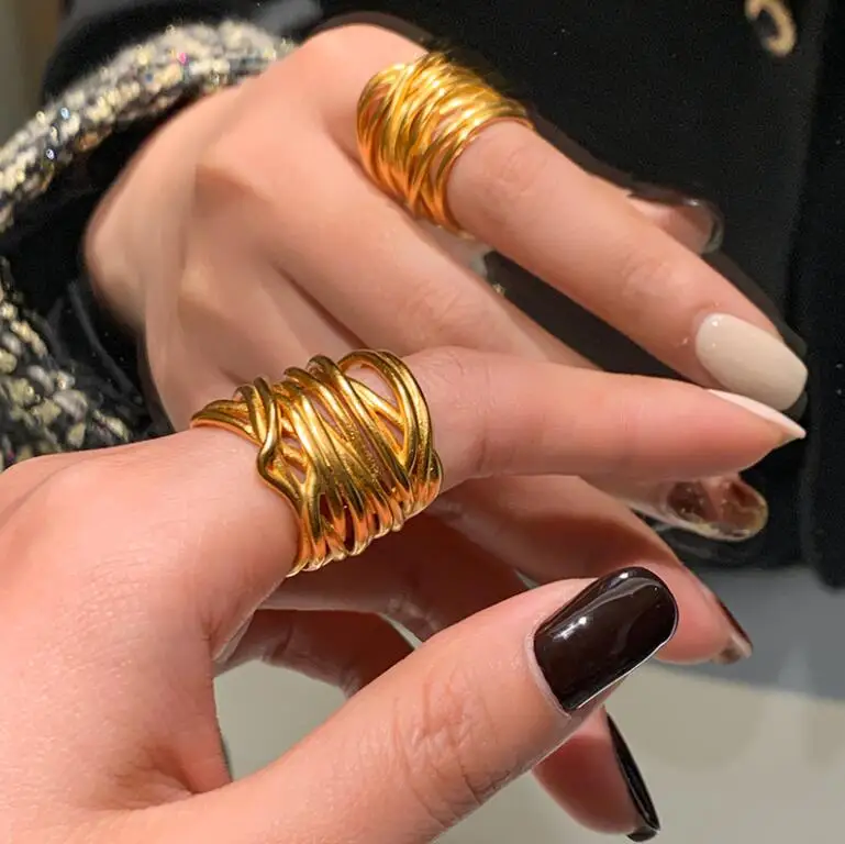 

Brass With 18K Irregular Stackable Line Ring Women Jewelry Punk Style Designer Club Cocktail Party Gown Trendy Boho Korean Japan