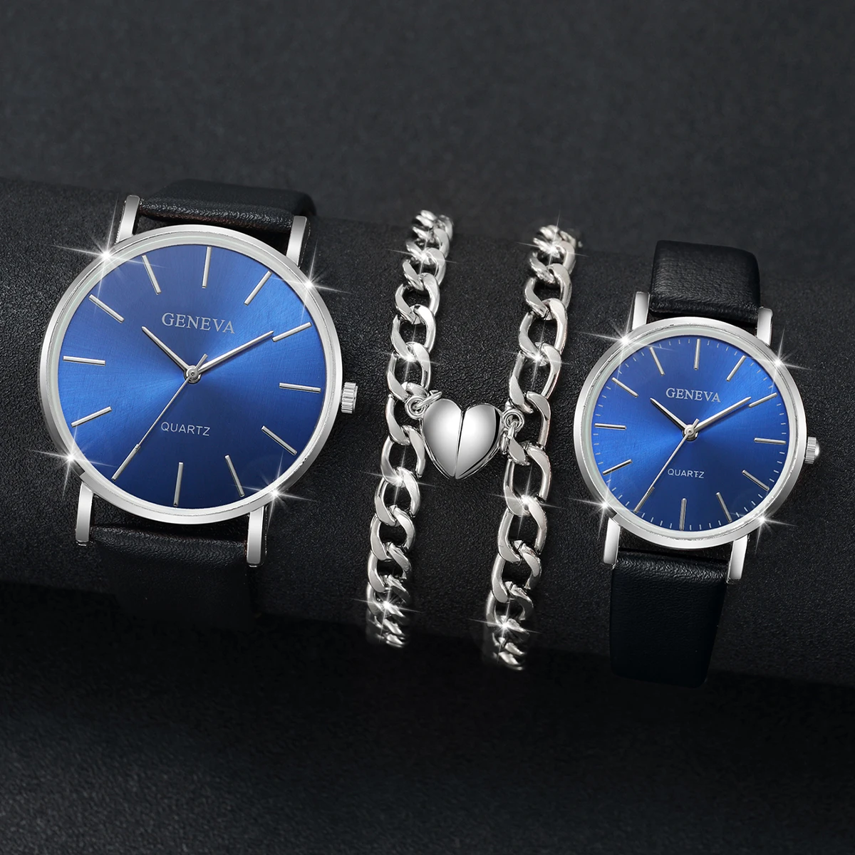 4PCS Couple’s Watches Sest Fashion Blue Dial Women\'s Quartz Watch Men Leather Band Wristwatches Heart Bracelets