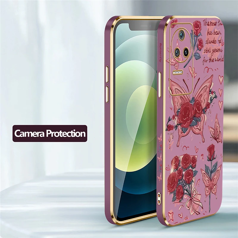 Poco F6 Painting Red Rose Flower Case For Xiaomi Poco F1 F3 GT F4 F5 F6 Pro Soft Red Butterfly Luxury New Plating Phone Cover