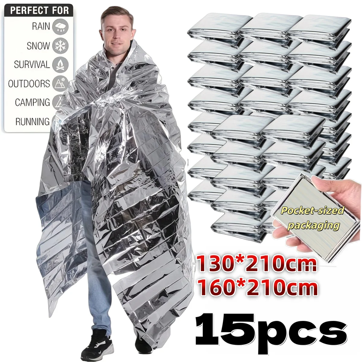 2/15pcs Large Emergency Survival Blanket Portable Aluminum Foil Insulation Film for Outdoor Hiking Camping Essential Safety Gear