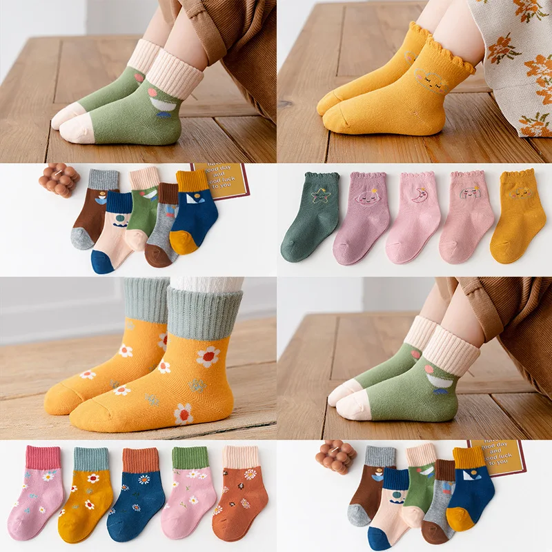 5 Pairs of Cute Cartoon Ankle Socks With Warm and Durable Stripes Designed for Comfortable Fall and Winter Wear