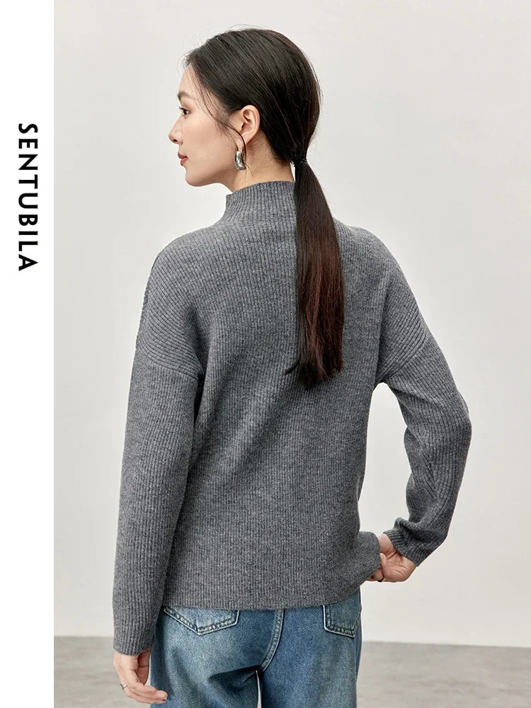 SENTUBILA Loose Fit Knitted Pullovers for Women 2024 Fall Winter Half High Collar Metal Button Solid Simple Women Top W44E57414