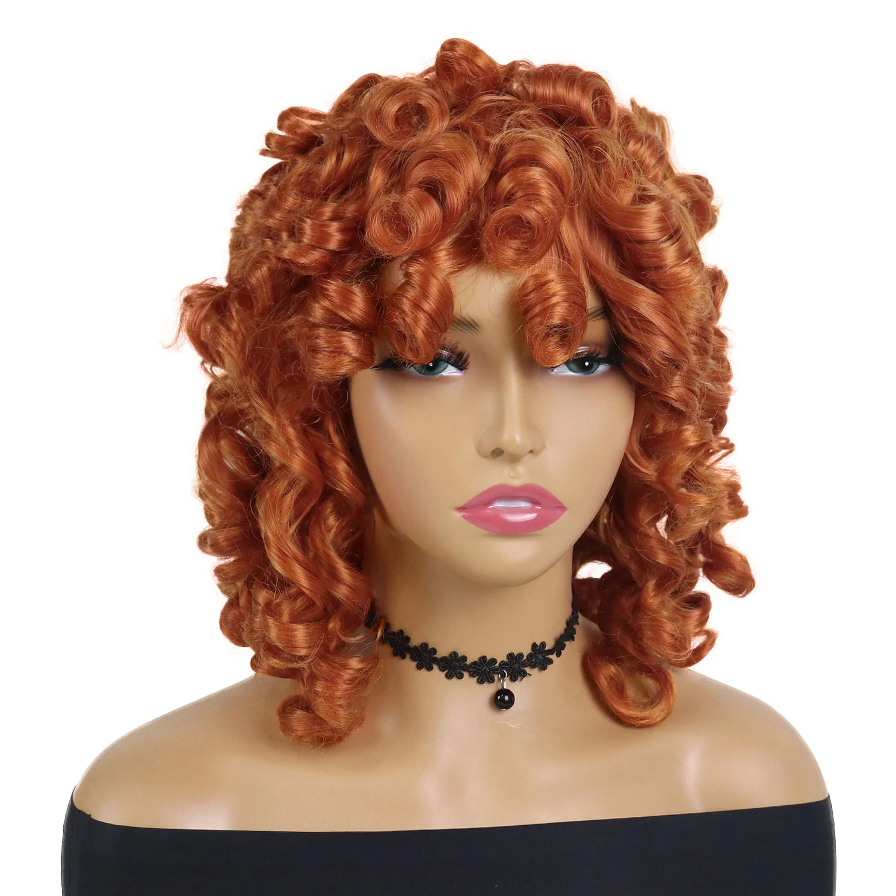 Synthetic Orange Curly Wig Short Afro Kinky Hair Ginger Wigs with Bangs Fluffy African American Wig Clearance Sale Cheap Wigs