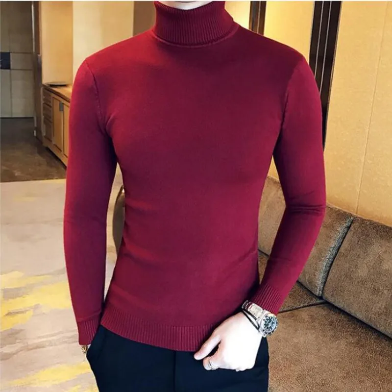 

British Style Men Winter High Quality Long Sleeve Knit Sweater/Male Slim High Collar Tight Stripe Pullover Man Casual Sweater