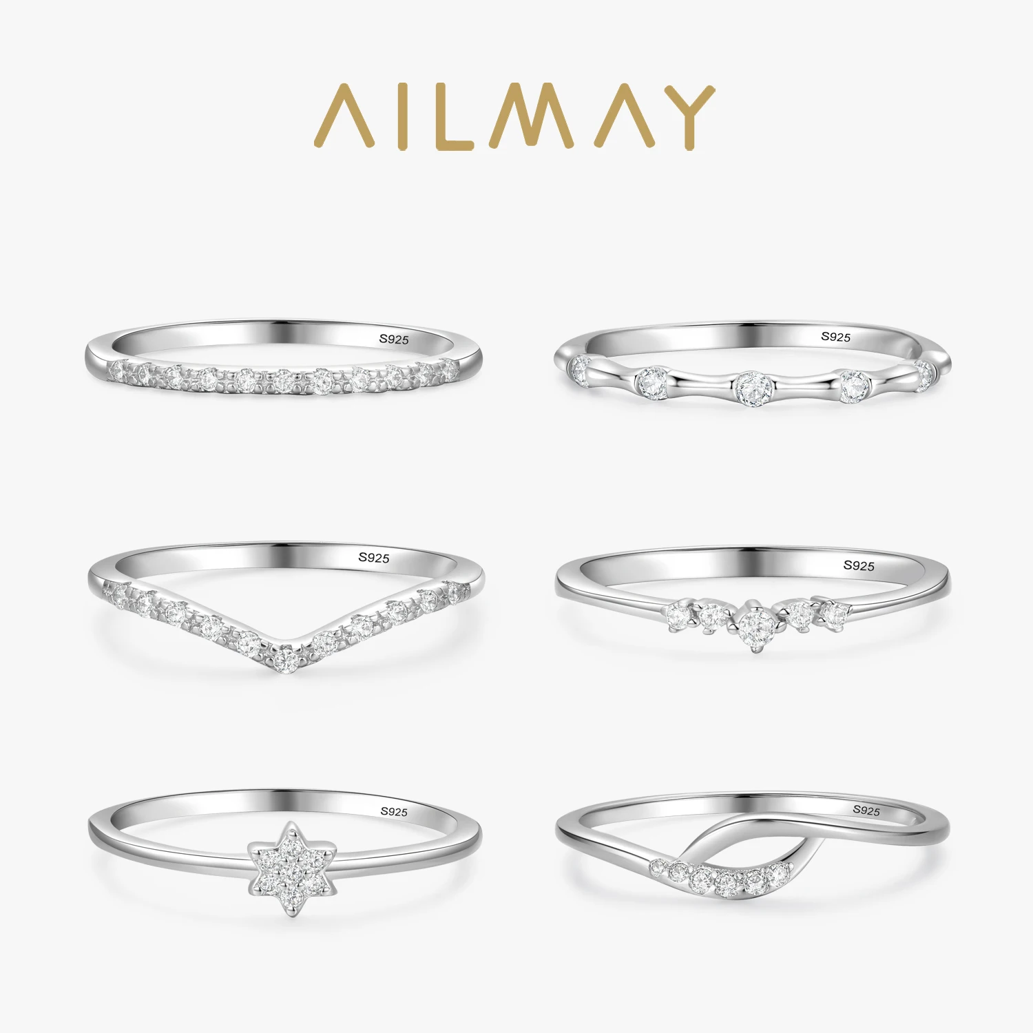 Ailmay 925 Sterling Silver Minimalist Fashion Stackable CZ Rings For Women Minimalist Fine Jewelry 2021 New Style