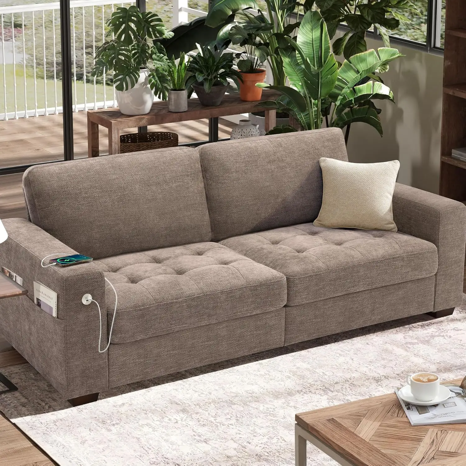 Hanherry Sofa For Living Room, Modern Comfy Sofa With Medium Firm Seat Cushion, Removable Cover,Wide Armrest,Usb/Type-C