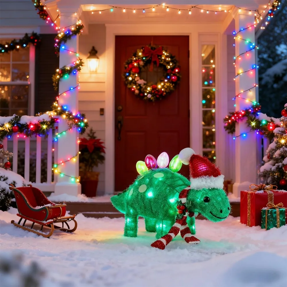 Beleuchtete 3D-Lametta-Stegosaurus-Weihnachtsdekoration, vorbeleuchtete grüne Dinosaurier-Hofkunst für den Außenbereich, 25 Länge x 13 Höhe