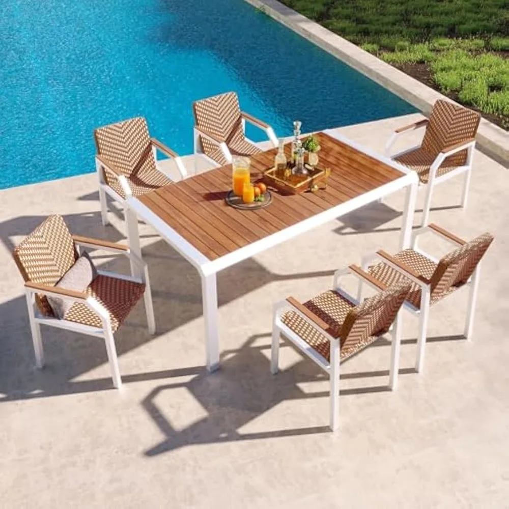 

7 Pieces Patio Dining Set, Outdoor Wicker Furniture Set with 6 Chairs & 1 Table, Patio Dining Sets with Acacia Wood Tabletop & T
