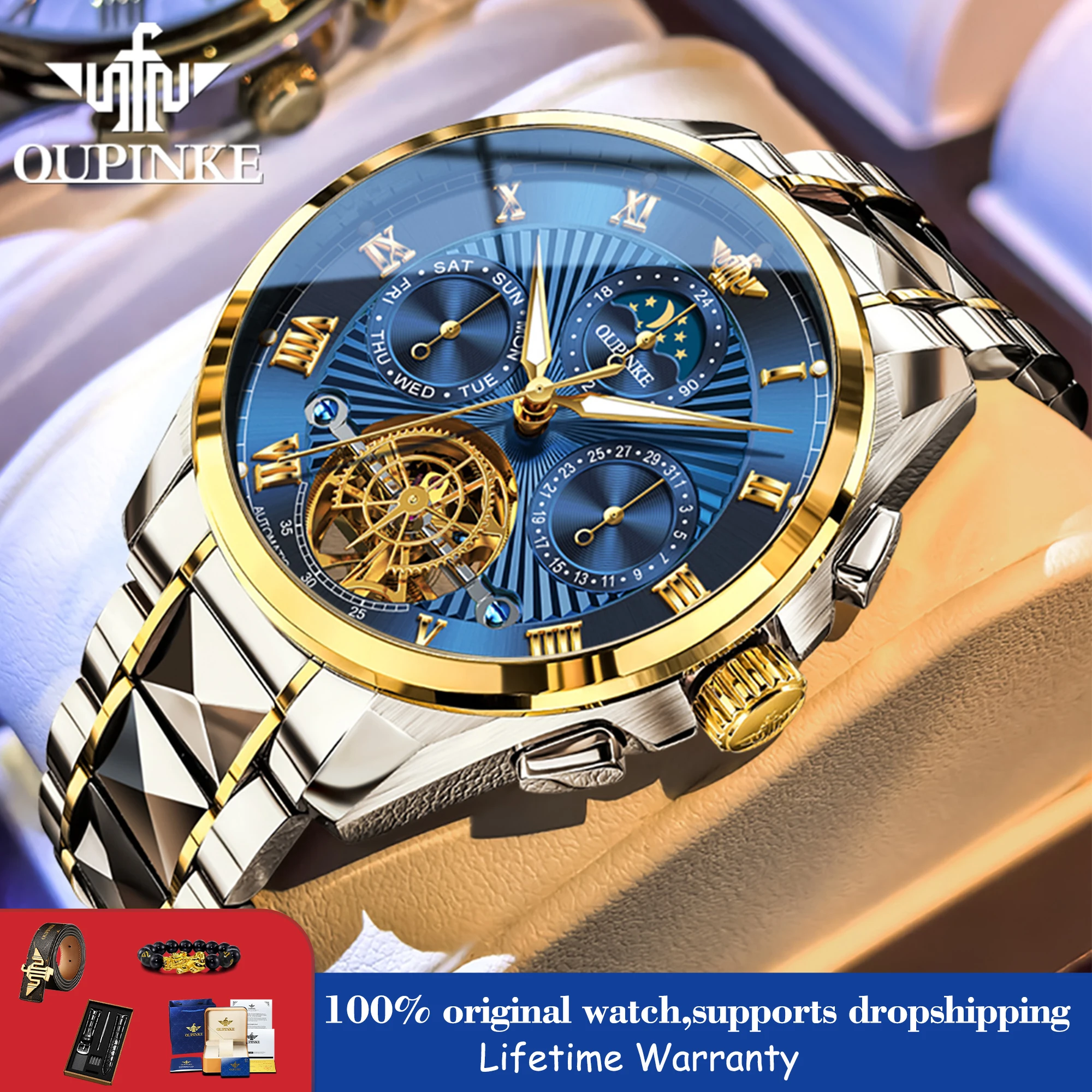 

Мужские часы OUPINKE 3322 класса люкс, высококачественные, из вольфрамовой стали, скелетонизированные, автоматические, механические, водонепроницаемые до 50 м, с функцией отображения фаз луны.