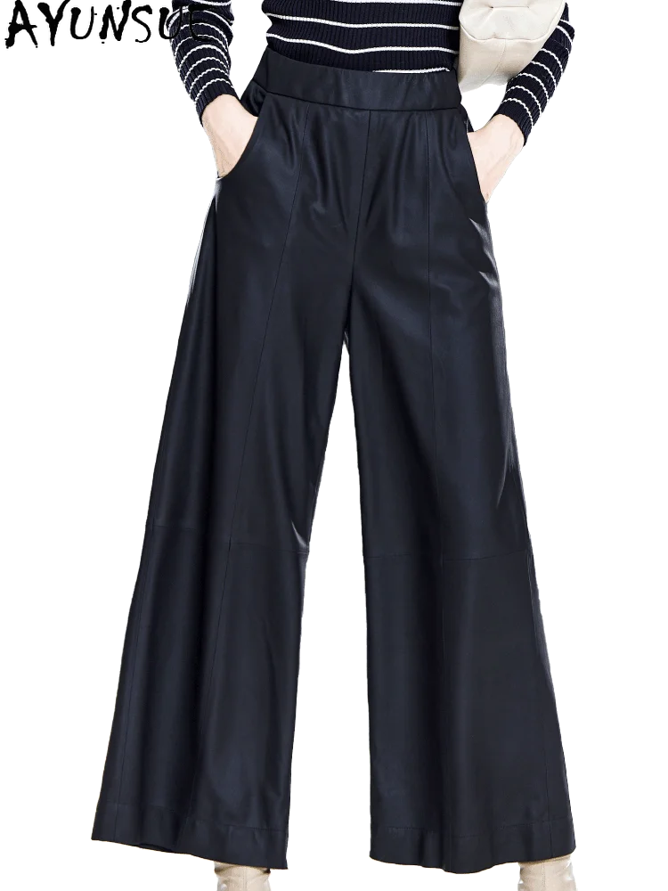 Tcyeek Sheepskin Genuine Leather Trousers Woman Fashion Wide Leg Pants Women Autumn Clothes High Waist Pants Pantalones Mujer