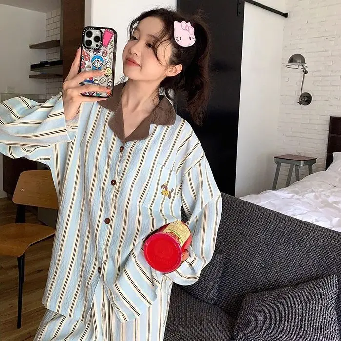 

Korean Style Striped Long Sleeve Cartoon Print Sleepwear Women's Sweet Cute Set Home Clothes Outdoor Wear Cloud Cotton Loose Fit