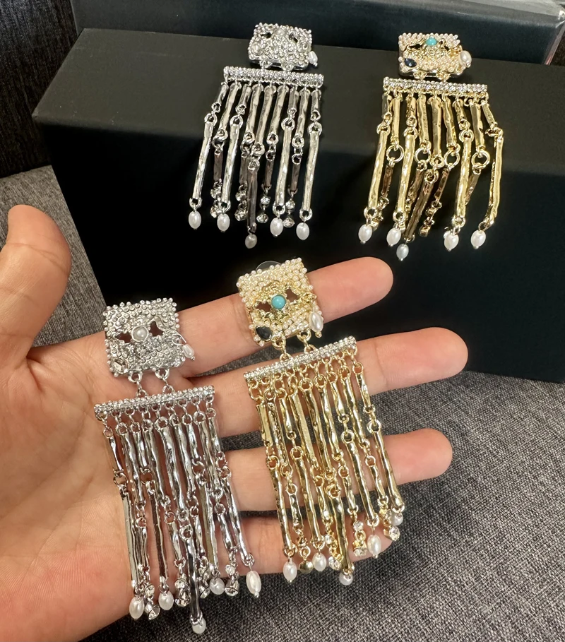 Exaggerated Personality Luxury Eyes Saquare Pearl Tassel Pendant Earrings