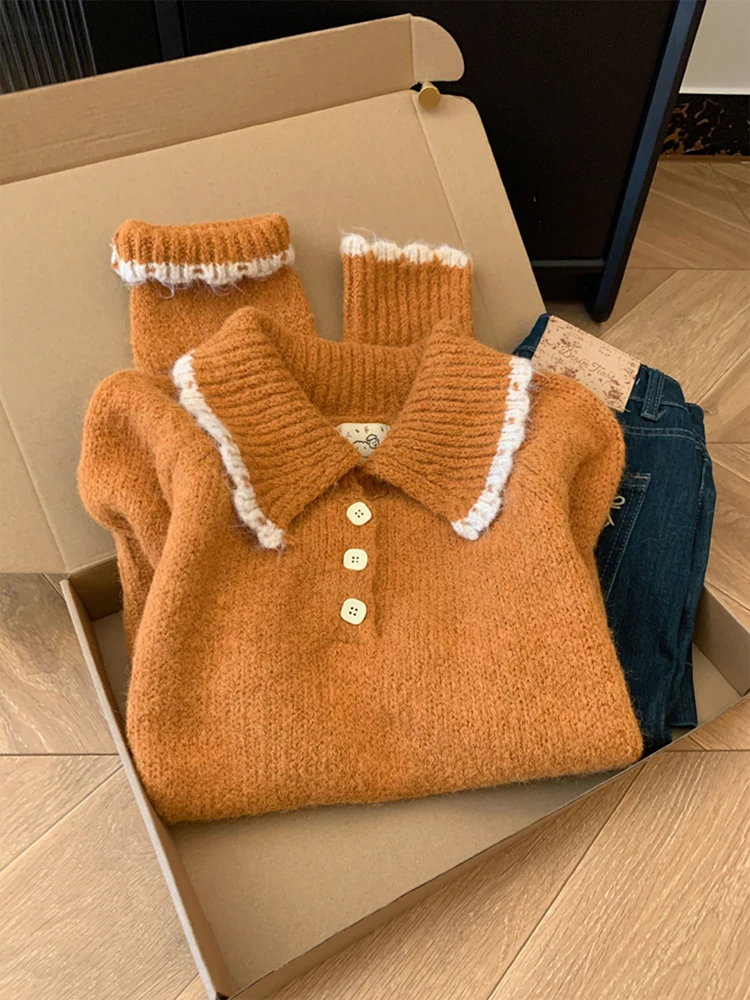 

Loose Knitted Orange Sweater Women's Crew Ne Pullover Soft Comfortable Autumn Winter Faion Versatile Knitwear Top