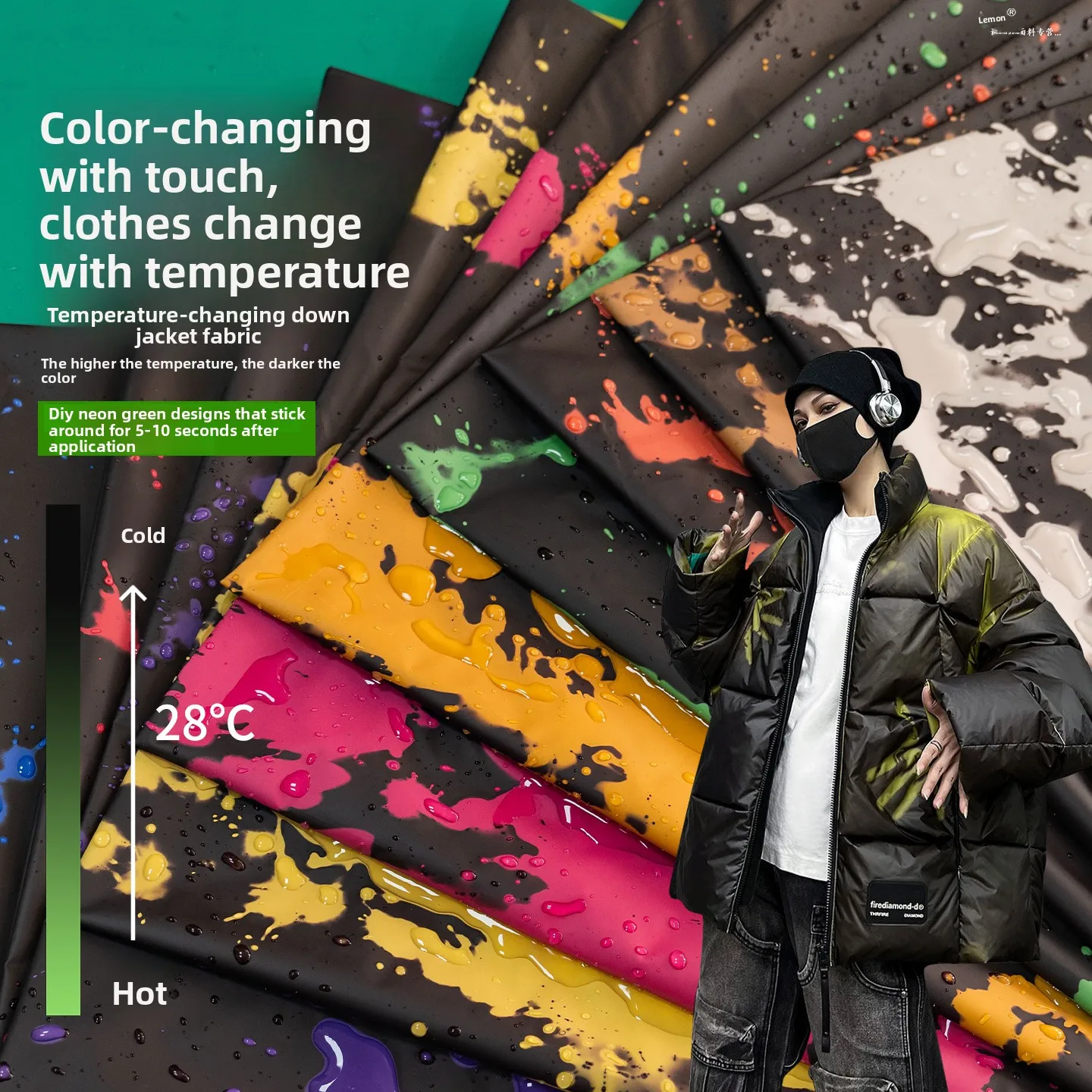 

Ткань, меняющая цвет при изменении температуры, водонепроницаемая 28 ℃ Термохромная технологичная ткань для курток, пуховиков и дизайнерских тканей высокой моды