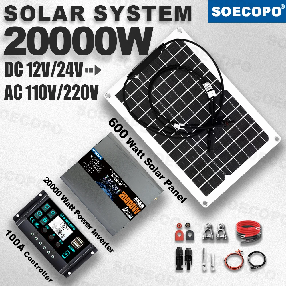 

20000W Peak Solar System Kit 600W Panel DC 12V/24V To AC 110V/220V Inverter 100A Controller Complete Off Grid for Home Camping