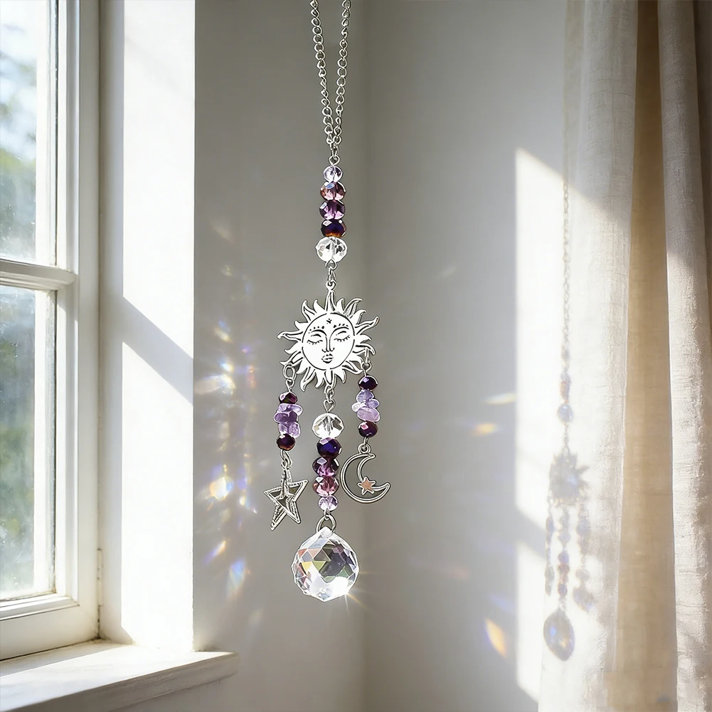Sun Moon Crystal Suncatcher Hanging Ornament Prism Rainbow Pendant Mirror Decor Window Hanging Charm Amethyst Beads Decor Gift