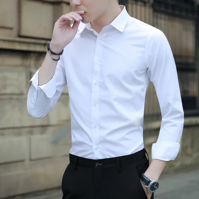 Camisa blanca de manga larga para hombre camisas de oficina delgadas guapo profesional Formal solido talla grande informal Tops de negocios tendencia AliExpress 200000343