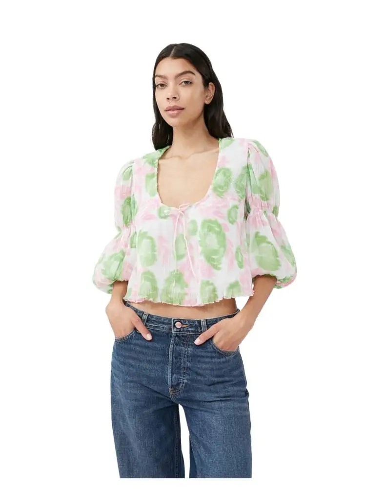 

Ladies Summer U-neck Tie Up Three-quarter Sleeve Top Elegant Casual Print Chiffon Women Clothing 2024 New Blusa Sexi Mujer