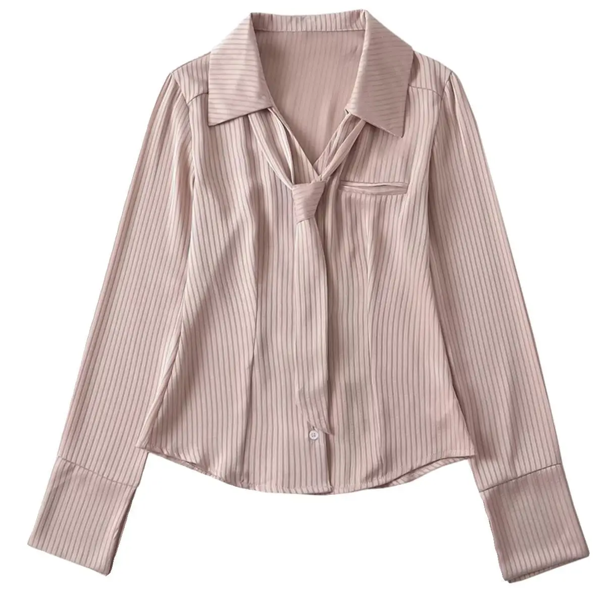 Pink Satin Striped Ribbon Shirt for Women in the Spring Slimming College Style Waist and a Western Style Long Sleeved Blue Top