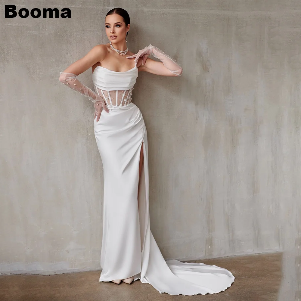 Booma Generous Mermaid Wedding Dresses Scoop Satin Pearls Brides Party Dresses with Train High Side Slit Women's Evening Gowns