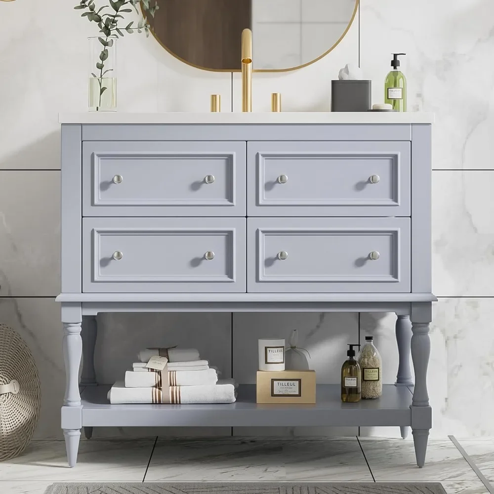 36" Bathroom Vanity with Sink, Farmhouse Bathroom Vanity Storage Cabinet with 4 Drawers and Open Shelf, Solid Wood Frame