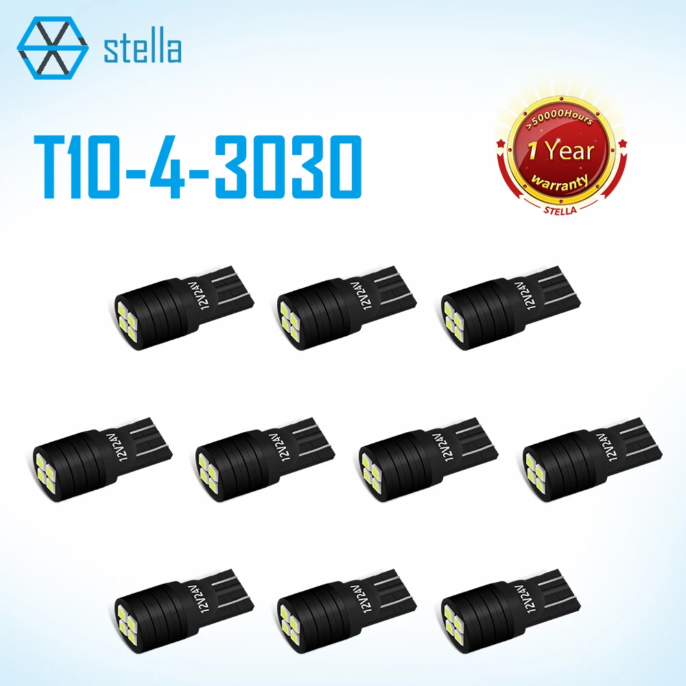 Stella 10pcs T10 LED Bulb W5W Auto Signal Lamp 4*3030 Chips White/Ice Blue Canbus Light for 12V/24V Car Interior Light Dome Lamp