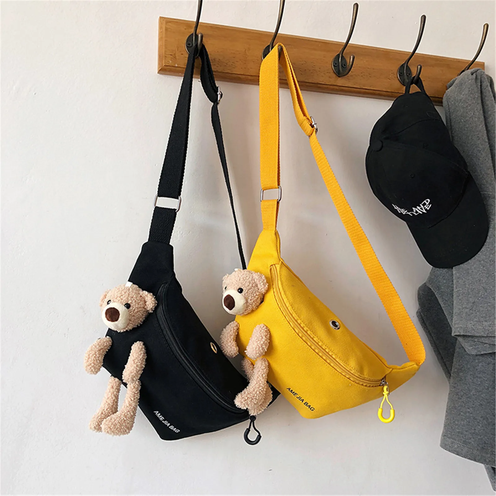 Cute Bear Waist Bag para mulheres, Monocromático Fanny Pack, Banana Hip Purse, Designer Crossbody Chest Bag, Canvas Belt, Feminino, Amarelo, Preto, Novo