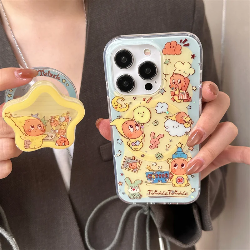 Kawaii الكرتون ستار الطفل المغناطيسي قضية الهاتف آيفون 17 برو 15 14 16 برو ماكس غطاء مع حامل اهتزاز ل Magsafe