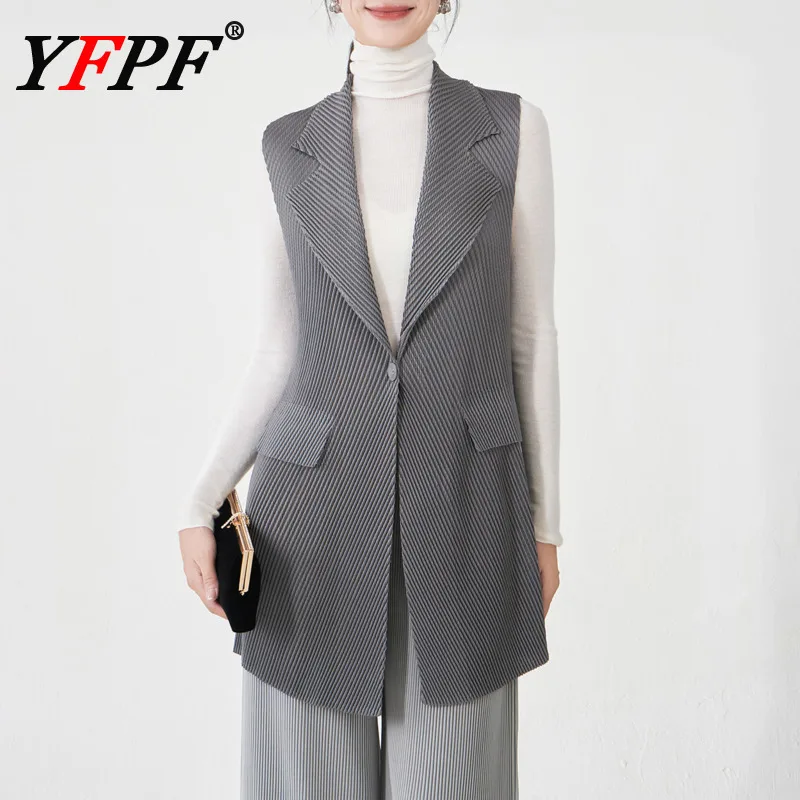 

YFPF Miyake Pleated Design Sleeveless Vest Coat For Women Solid Color Sleeveless V Neck Button Jacket Office Lady Clothing