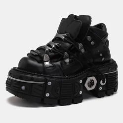 Vintage Spanish Tank-soled Metal High-tops Cowhide Platform Leather Shoes Dark Punk Muffin Soled Single Shoe Women