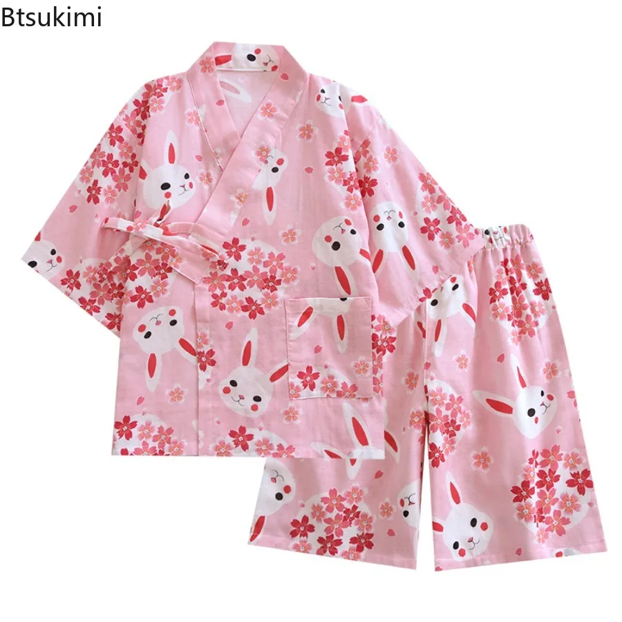 Double Layer Gauze Children's Pure Cotton Lace Up Kimono Pajamas for Boys and Girls Thin Style Mid Sleeved Shorts Home Clothes