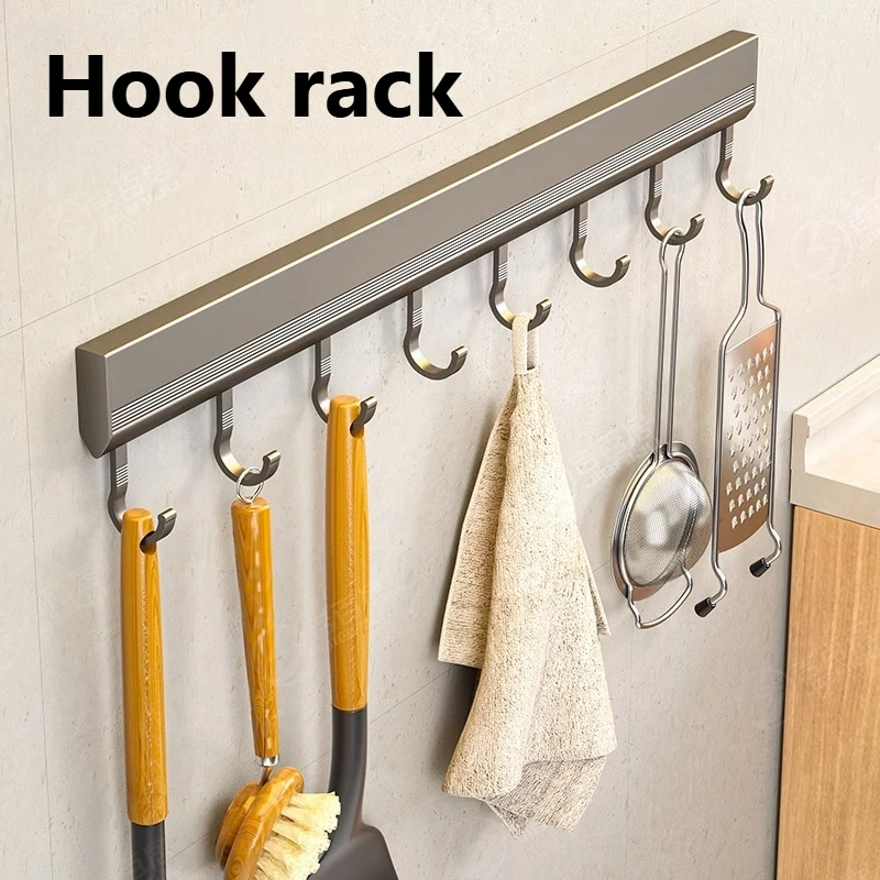 Ganchos de aleación de aluminio, estante montado en la pared, sin taladro, utensilios de cocina, fila de almacenamiento, soporte de gancho, bata de baño, toalla, perchas para abrigos
