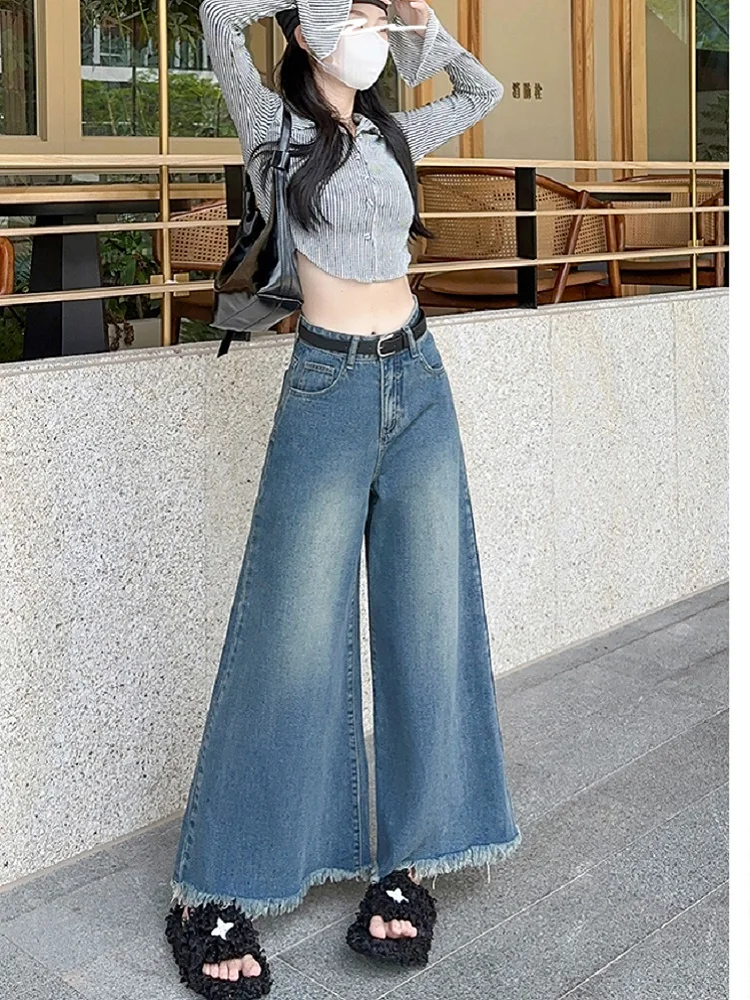 CHIC Women\'s American Vintage Washed Wide Leg Jeans Street Casual Blue Denim Trousers Female High Waist Straight Pants