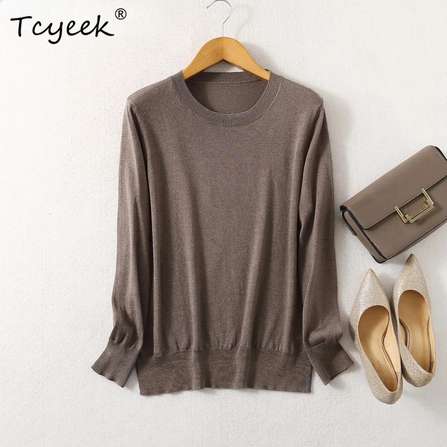 Tcyeek Women Sweater 85% Mulberry Silk 15% Cashmere Round Neck everyday Long Sleeve Pullover Top Shirt JN541-1 - Detail 1