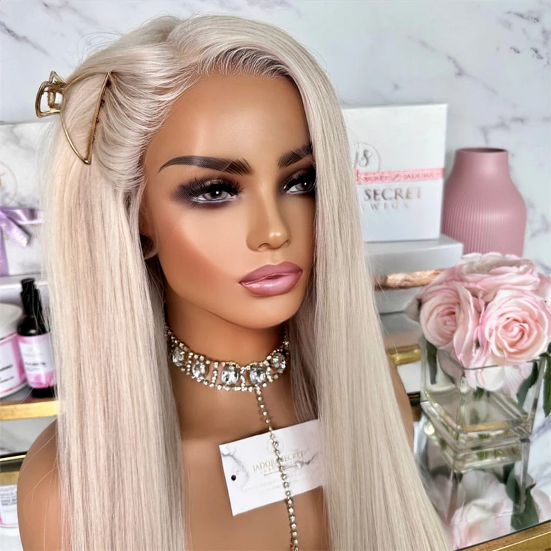 Straight Lace Front Wigs Icy Blonde Synthetic Wig for Woman Glueless HD Soft Lace Frontal Wig Cosplay Party Long Pre pluck Wig