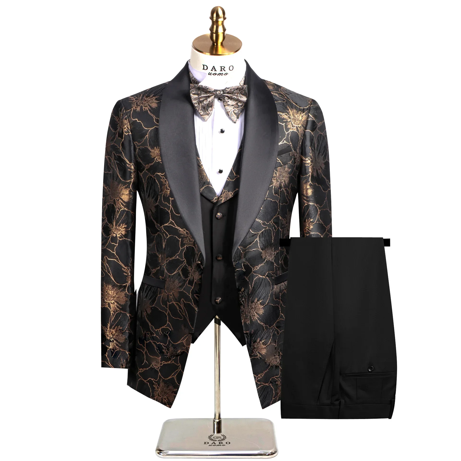 Floral Jacquard Tuxedo Suits for Men Wedding Slim Fit Navy Blue and Gold Gentleman Jacket with Vest Pant 3 Piece Male Costume