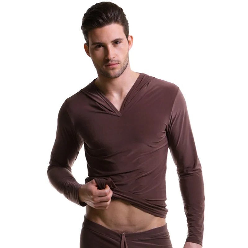 Sexy Men's Hoodies Sweater Men Sleepwear Underwear Ice Silk Home Wear Soft And Elastic Pajama Sets Night Bath Tops + Pants